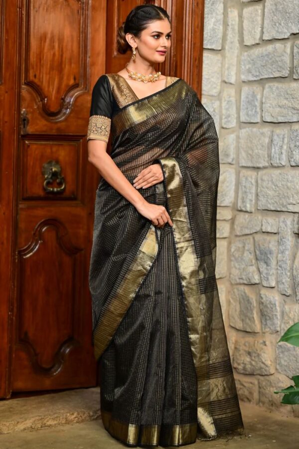 Pure Black Maheshwari Cotton Silk Saree