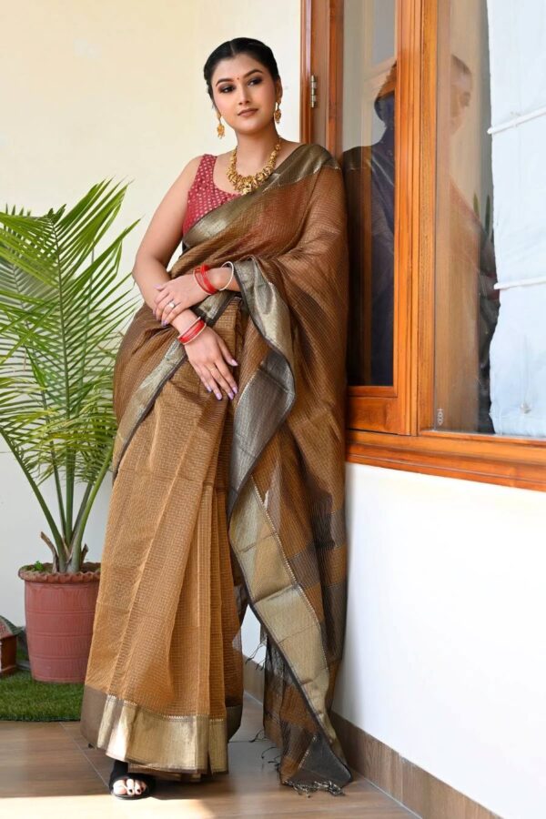 Light Brown Checked Maheshwari Saree