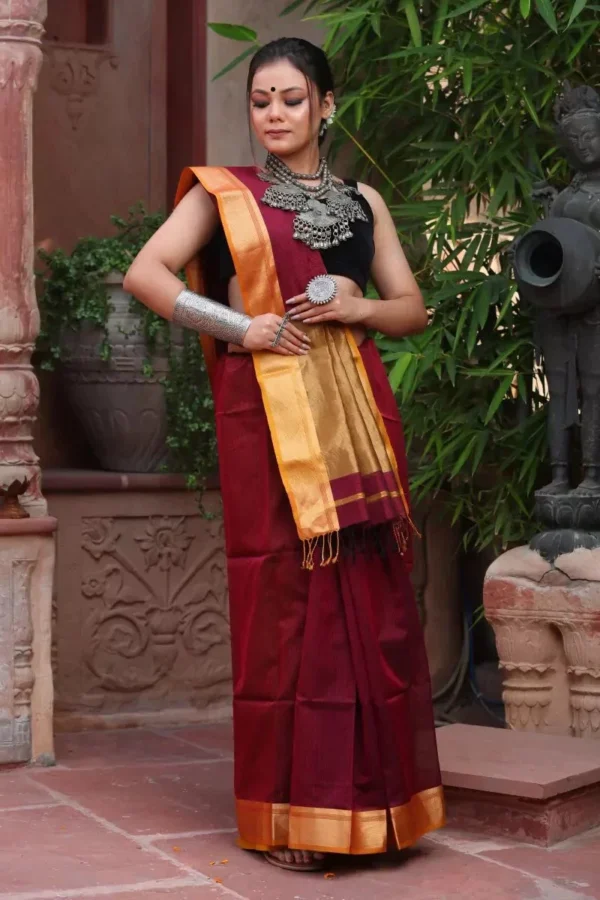 Maroon Check Maheshwari Zari Saree