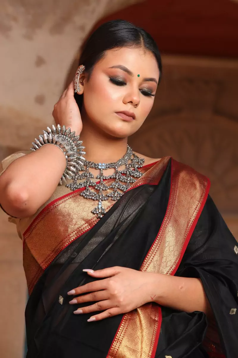 Padmini Black Maheshwari Cotton Silk Saree