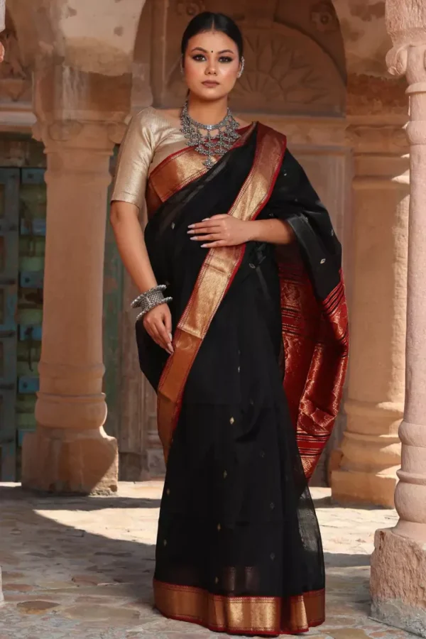 Padmini Black Maheshwari Cotton Silk Saree