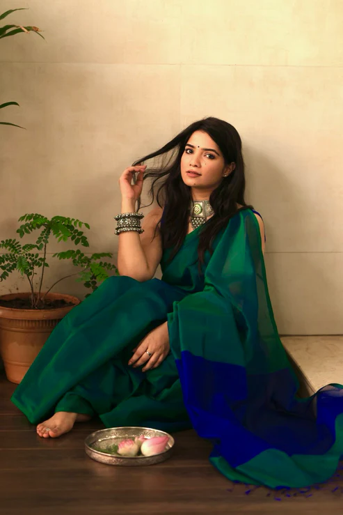 Peacock Blue & Green Dual Tone Maheshwari Saree